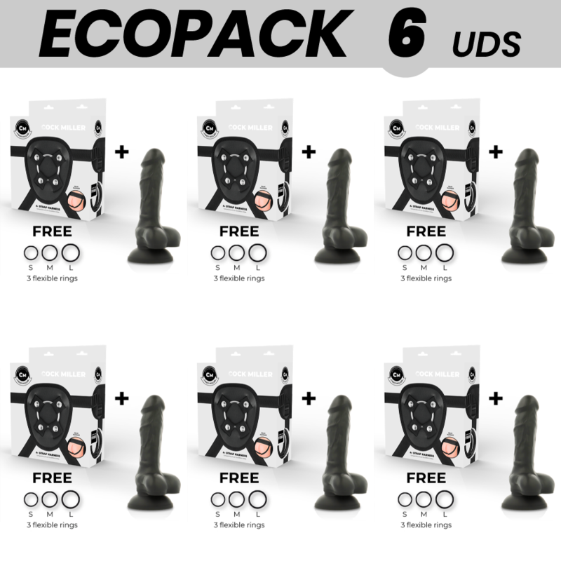 ECOPACK 6 UNITÉS - COCK MILLER HARNAIS GODE SILICONE DENSITÉ ARTICULABLE NOIR COCKSIL 13 CM
