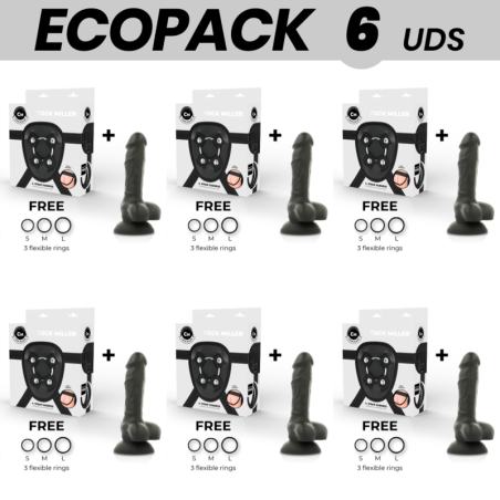 ECOPACK 6 UNITÉS - COCK MILLER HARNAIS GODE SILICONE DENSITÉ ARTICULABLE NOIR COCKSIL 13 CM