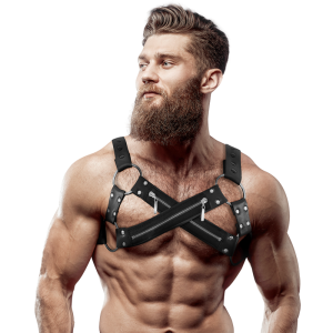 FETISH SUBMISSIVE ATTITUDE - HARNAIS DE POITRINE CROISÉ EN NÉOPRÈNE RÉGLABLE AVEC FERMETURES GLISSIÈRE POUR HOMMES
