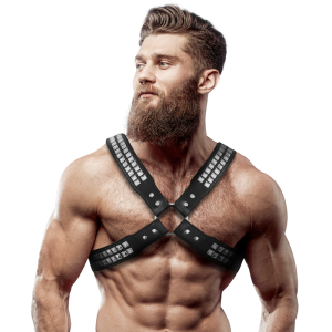 FETISH SUBMISSIVE ATTITUDE - HARNAIS EN CUIR ÉCOLOGIQUE POUR HOMMES POITRINE CROISÉE AVEC RIVETS