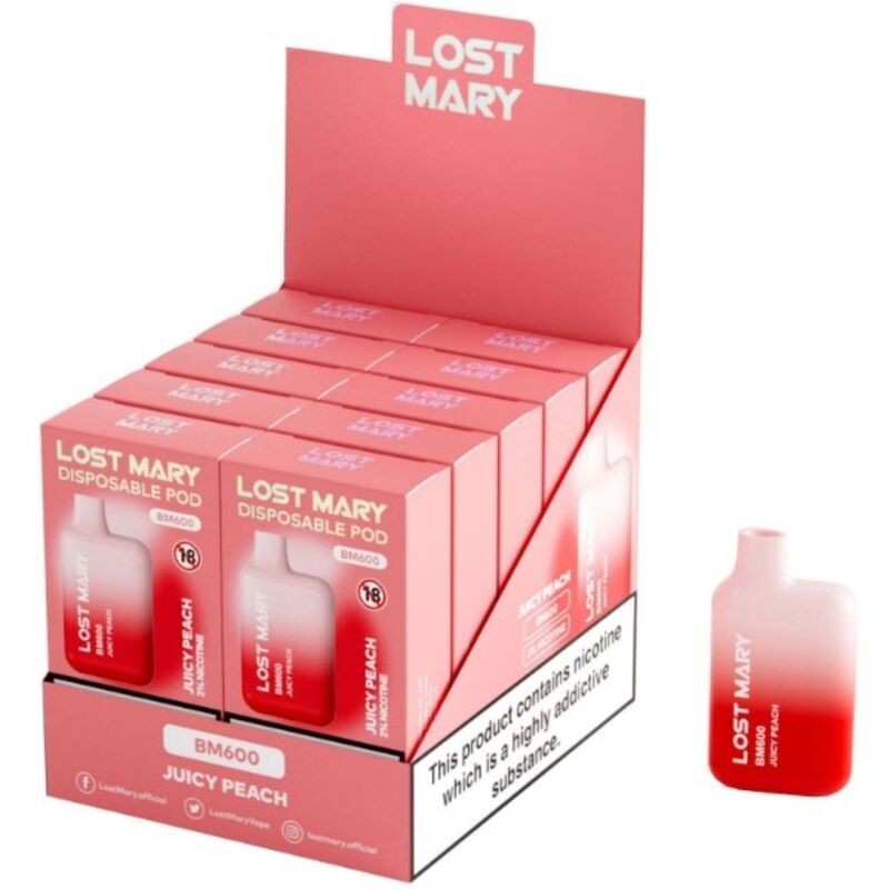 LOST MARY - (PACK PROFESSIONNEL EXPOSANT -10 UNITÉS) BM600 NICOTINE VAPER 2 JETABLE JUICY PEACH