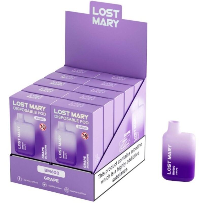 LOST MARY - (PACK PROFESSIONNEL EXPOSANT -10 UNITÉS) BM600 NICOTINE VAPER 2 JETABLE RAISIN