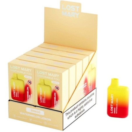 LOST MARY - (PACK PROFESSIONNEL EXPOSANT -10 UNITÉS) BM600 NICOTINE VAPER 2 JETABLE PASTÈQUE CITRON