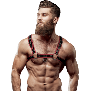FETISH SUBMISSIVE ATTITUDE - HARNAIS DE POITRINE EN ÉCO-CUIR POUR HOMME NOIR-ROUGE