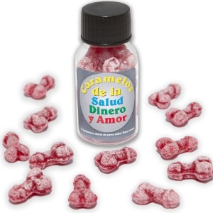 DIABLO PICANTE - 12 BONBONS SANTÉ-ARGENT-AMOUR FORME DE PÉNIS FRAISE-CERISE