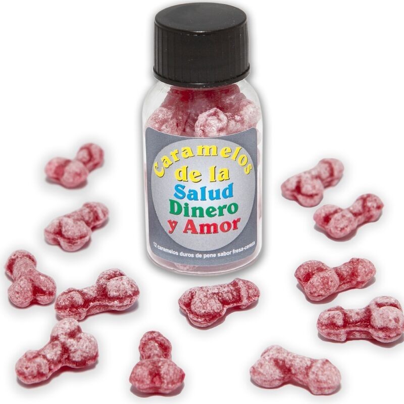 DIABLO PICANTE - 12 BONBONS SANTÉ-ARGENT-AMOUR FORME DE PÉNIS FRAISE-CERISE