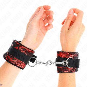 KINK - ATTENTES-POIGNETS COURTES EN DENTELLE DE VELOURS ET RELIURE EN NYLON ROUGE - NOIR 23 X 6,5 CM