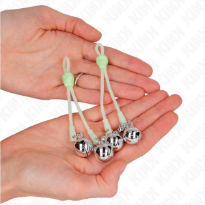 KINK - PINCES À TETON LUMINEUSES CRÂNE AVEC ANNEAU CLOCHES RÉGLABLES VERT - ARGENT