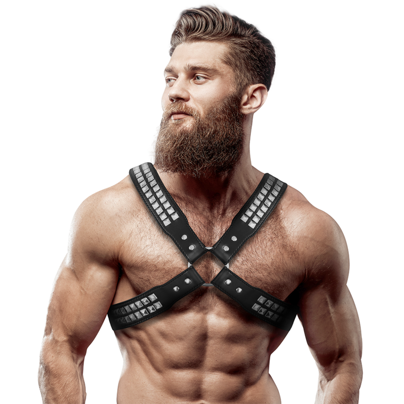 FETISH SUBMISSIVE ATTITUDE - HARNAIS EN CUIR ÉCOLOGIQUE POUR HOMMES POITRINE CROISÉE AVEC RIVETS