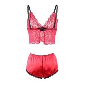 SUBBLIME - 953898 CHEMISIER DE NUIT EN SOIE ET DENTELLE CULOTTE ROUGE S-M