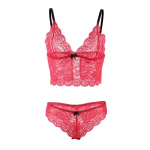 SUBBLIME - 953898 CHEMISIER DE NUIT EN SOIE ET DENTELLE CULOTTE ROUGE S-M