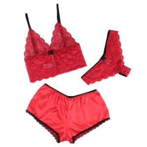 SUBBLIME - 953904 CHEMISIER DE NUIT EN SOIE ET DENTELLE CULOTTE ROUGE L-XL