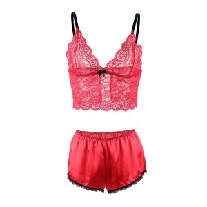 SUBBLIME - 953904 CHEMISIER DE NUIT EN SOIE ET DENTELLE CULOTTE ROUGE L-XL