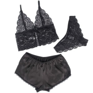 SUBBLIME - 953911 CHEMISIER DE NUIT EN SOIE ET DENTELLE CULOTTE NOIRE S-M