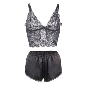 SUBBLIME - 953911 CHEMISIER DE NUIT EN SOIE ET DENTELLE CULOTTE NOIRE S-M
