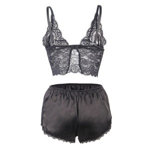 SUBBLIME - 953928 CHEMISIER DE NUIT EN SOIE ET DENTELLE CULOTTE NOIRE L-XL