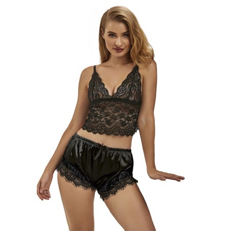 SUBBLIME - 953935 CHEMISE DE NUIT DÉCONTRACTÉE EN SOIE PANTALON EN DENTELLE NOIR S-M