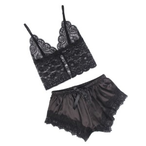 SUBBLIME - 953942 CHEMISE DE NUIT DÉCONTRACTÉE EN SOIE PANTALON EN DENTELLE NOIR L-XL