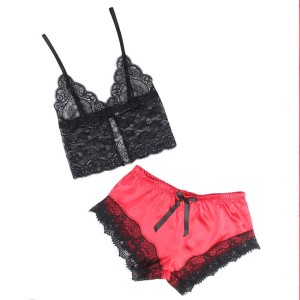 SUBBLIME - 953959 CHEMISE DE NUIT DÉCONTRACTÉE EN SOIE PANTALON EN DENTELLE NOIR-ROUGE S-M