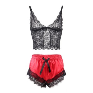SUBBLIME - 953959 CHEMISE DE NUIT DÉCONTRACTÉE EN SOIE PANTALON EN DENTELLE NOIR-ROUGE S-M