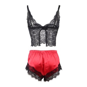 SUBBLIME - 953966 CHEMISE DE NUIT DÉCONTRACTÉE EN SOIE PANTALON EN DENTELLE NOIR-ROUGE L-XL