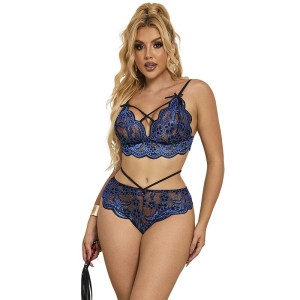 SUBBLIME - 954079 SOUTIEN-GORGE CULOTTE DENTELLE BLEU L-XL