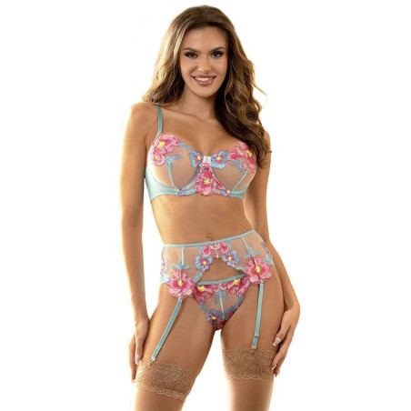 SUBBLIME - 954109 SOUTIEN-GORGE CULOTTE AVEC PORTE-JARRETELLES MOTIF FLORAL BLEU S-M