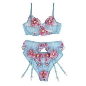 SUBBLIME - 954116 SOUTIEN-GORGE CULOTTE AVEC PORTE-JARRETELLES MOTIF FLORAL BLEU L-XL