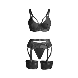 SUBBLIME - 955236 ENSEMBLE SOUTIEN-GORGE BONDAGE NOIR AVEC JARRETELLE S-M