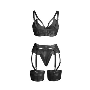 SUBBLIME - 955243 ENSEMBLE SOUTIEN-GORGE BONDAGE NOIR AVEC JARRETELLE L-XL
