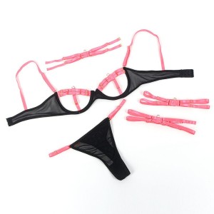 SUBBLIME - 955298 ENSEMBLE SOUTIEN-GORGE AVEC COLLIER ET DÉTAILS DE JAMBES ROSE FLUORESCENT S-M