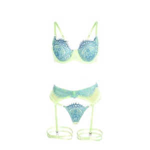 SUBBLIME - 955311 ENSEMBLE SOUTIEN-GORGE AVEC LIGNES DENTELLE ET JARRETELLE VERT ET BLEU S-M