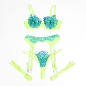 SUBBLIME - 955328 ENSEMBLE SOUTIEN-GORGE AVEC LIGNES DENTELLE ET JARRETELLE VERT ET BLEU L-XL