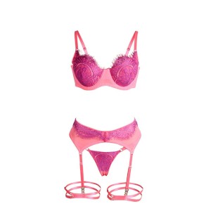 SUBBLIME - 955359 ENSEMBLE SOUTIEN-GORGE AVEC DENTELLE ET LIENS JARRETELLES ROSE ET VIOLET S-M