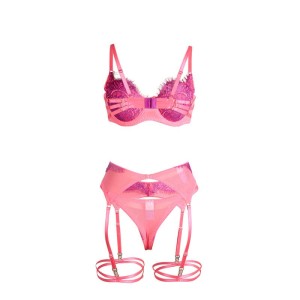 SUBBLIME - 955366 ENSEMBLE SOUTIEN-GORGE AVEC LIGNES DE DENTELLE ET JARRETELLES ROSE ET VIOLET L-XL