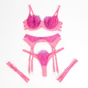 SUBBLIME - 955366 ENSEMBLE SOUTIEN-GORGE AVEC LIGNES DE DENTELLE ET JARRETELLES ROSE ET VIOLET L-XL