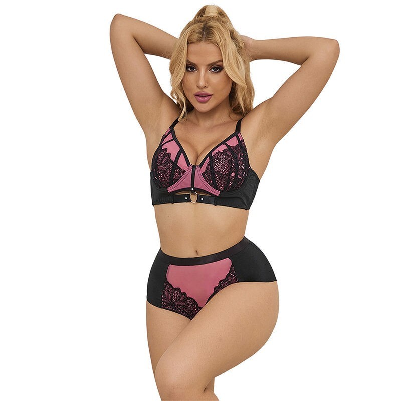 SUBBLIME - 955571 ENSEMBLE SOUTIEN-GORGE EN CUIR VERNI ROSE AVEC FERMETURE ÉCLAIR S-M