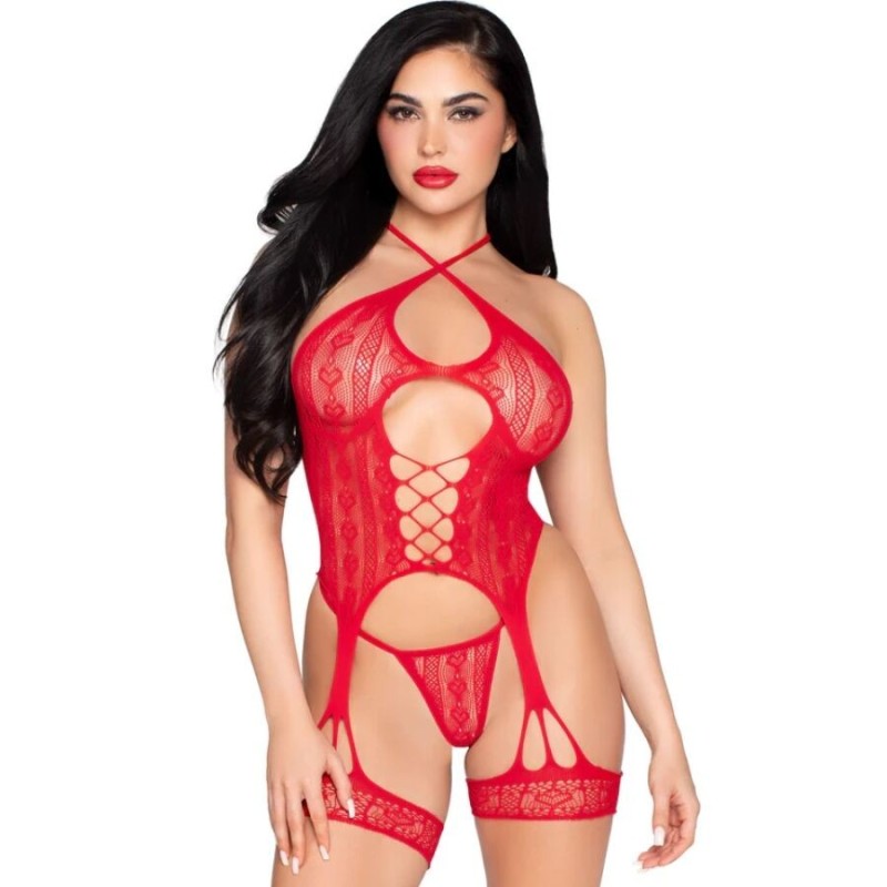 LEG AVENUE - 89338 BODY OUVERT EN DENTELLE AVEC PORTE-JARRETELLES STRING ROUGE - TAILLE UNIQUE