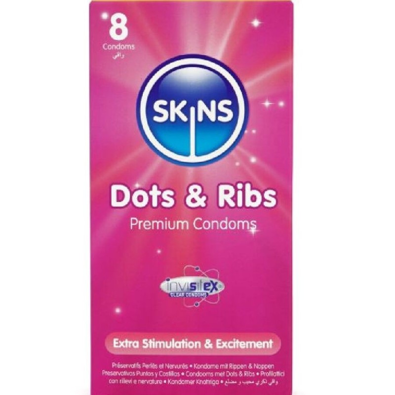 SKINS - PACK DE 8 PRÉSERVATIFS PREMIUM DOTS and RIBS