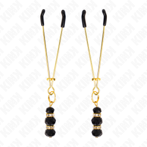 KINK - PINCES À TETON FINES OR AVEC 3 BILLES DE VERRE NOIR 7 CM