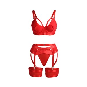 SUBBLIME - 955250 ENSEMBLE SOUTIEN-GORGE BONDAGE ROUGE AVEC JARRETELLES S-M