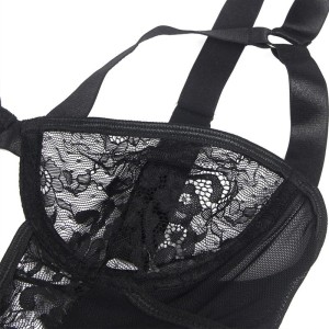 SUBBLIME - TEDDY AVEC JARRETIÈRE AVEC DÉTAIL DENTELLE ET BANDES NOIR S-M