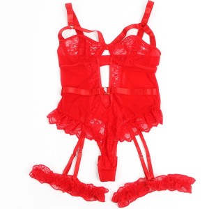 SUBBLIME - TEDDY AVEC JARRETIÈRE AVEC DÉTAIL DENTELLE ET BANDES ROUGE S-M