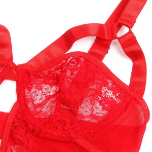 SUBBLIME - TEDDY AVEC JARRETIÈRE AVEC DÉTAIL DENTELLE ET BANDES ROUGE S-M