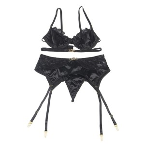 SUBBLIME - ENSEMBLE 3 PIÈCES SOUTIEN-GORGE STRING JARRETIÈRE DENTELLE NOIR S-M