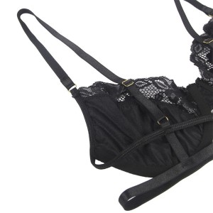 SUBBLIME - ENSEMBLE 3 PIÈCES SOUTIEN-GORGE STRING JARRETIÈRE DENTELLE NOIR S-M