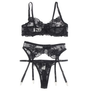 SUBBLIME - ENSEMBLE 3 PIÈCES SOUTIEN-GORGE STRING JARRETIÈRE IMPRIMÉ FLORAL NOIR S-M