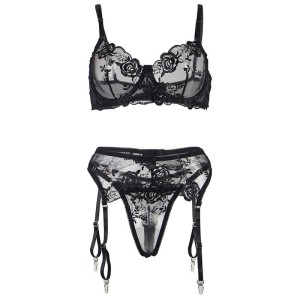 SUBBLIME - ENSEMBLE 3 PIÈCES SOUTIEN-GORGE STRING JARRETIÈRE IMPRIMÉ FLORAL NOIR S-M