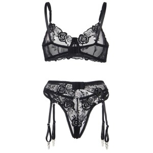 SUBBLIME - ENSEMBLE 3 PIÈCES SOUTIEN-GORGE STRING JARRETIÈRE IMPRIMÉ FLORAL NOIR S-M