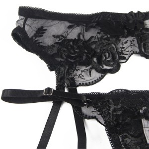 SUBBLIME - ENSEMBLE 3 PIÈCES SOUTIEN-GORGE STRING JARRETIÈRE IMPRIMÉ FLORAL NOIR S-M